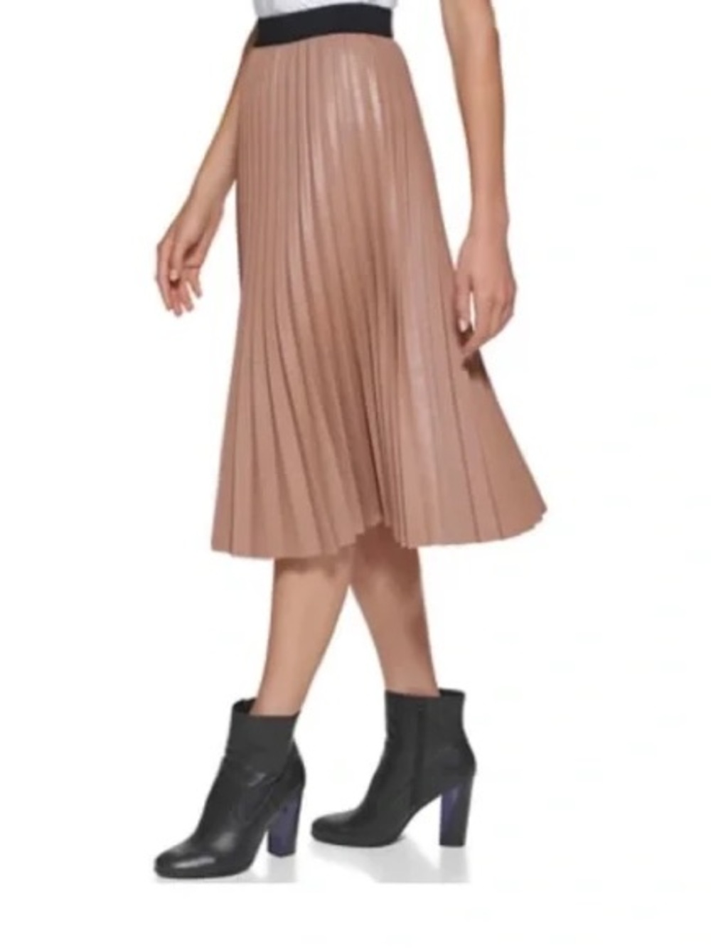 Calvin Klein Faux Leather Pleated Midi Skirt in Tan